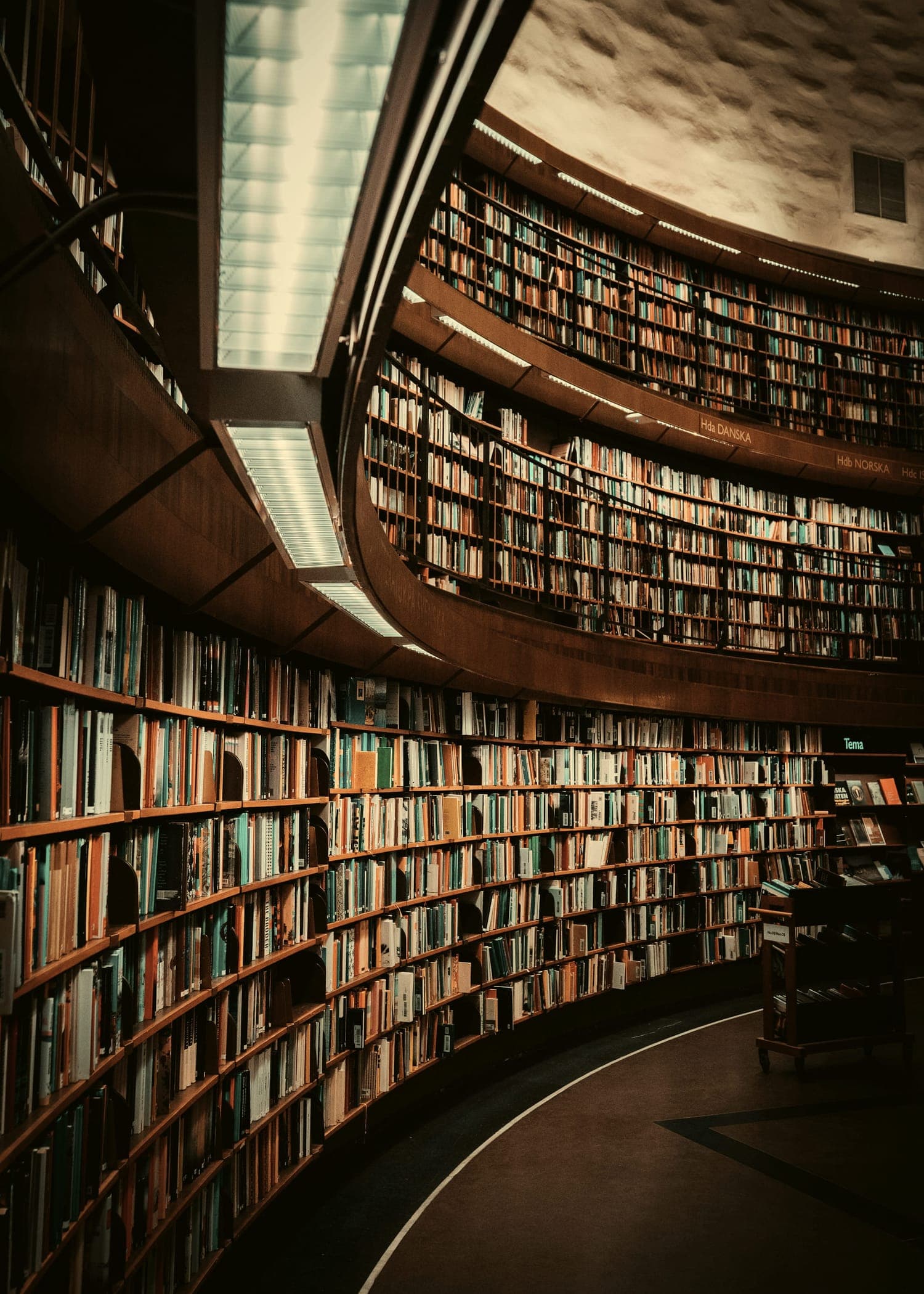 The curved galleries of a reading room, shelves rising in every direction